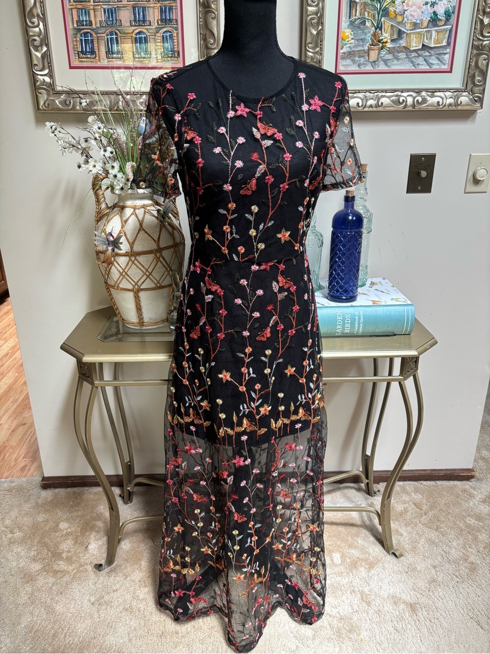 Floral Embroidered Black Maxi Dress with Sheer Overlay - Picture 2 of 15